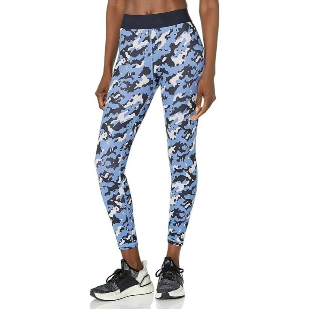 Adidas Womens XL Techfit Full Length Leggings Camo Silver Dawn Blue Fushion NEW